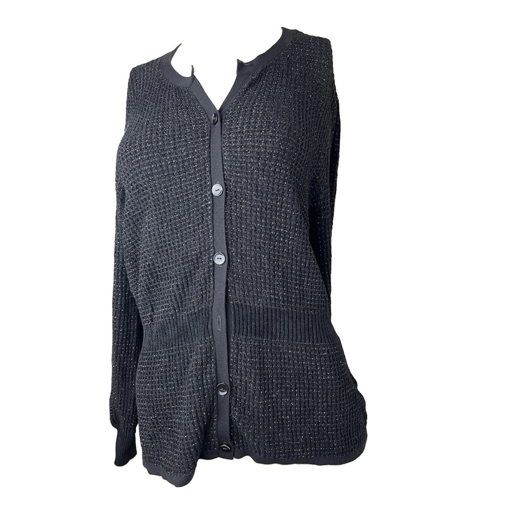 Jones New York Metallic Cardigan Black Sweater Button Front Missing 2 Buttons L
